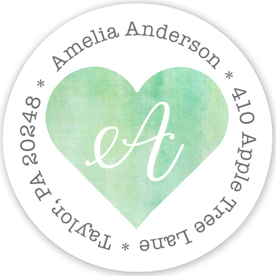 Green Watercolor Heart Round Address Labels
